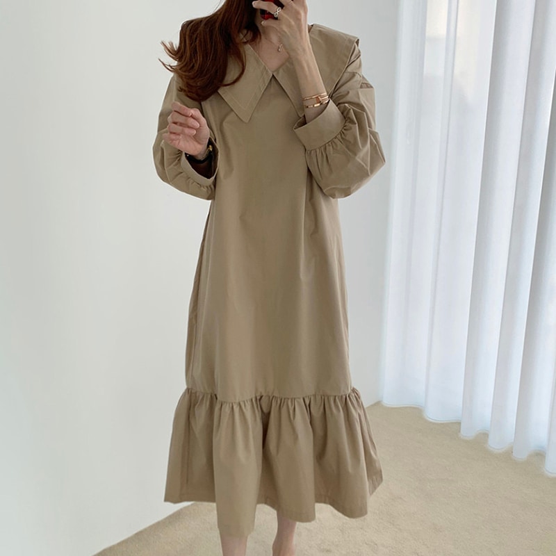 2色 ワンピース 長袖 春 秋 かわいい シャツワンピース フレアワンピース ティアード 膝下 ミモレ丈 ミディアム丈 ミドル丈 ボリューム袖 Vネック 襟付き 大きな襟 ワイドカラー でか襟 ビッグ