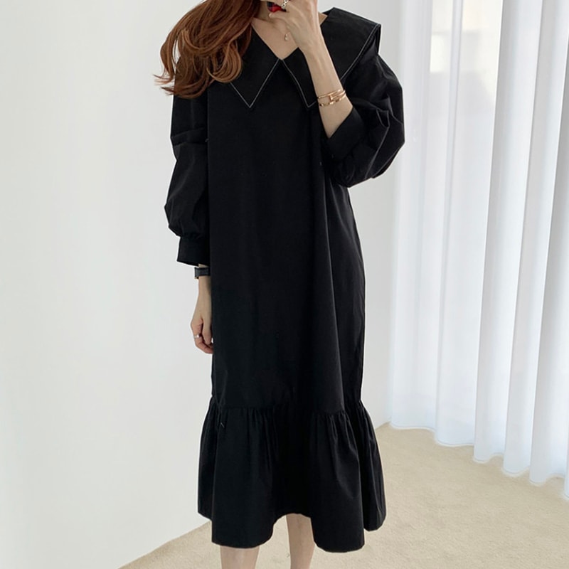 2色 ワンピース 長袖 春 秋 かわいい シャツワンピース フレアワンピース ティアード 膝下 ミモレ丈 ミディアム丈 ミドル丈 ボリューム袖 Vネック 襟付き 大きな襟 ワイドカラー でか襟 ビッグ