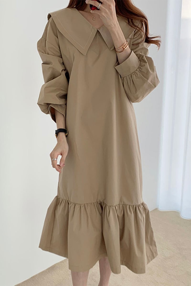 2色 ワンピース 長袖 春 秋 かわいい シャツワンピース フレアワンピース ティアード 膝下 ミモレ丈 ミディアム丈 ミドル丈 ボリューム袖 Vネック 襟付き 大きな襟 ワイドカラー でか襟 ビッグ