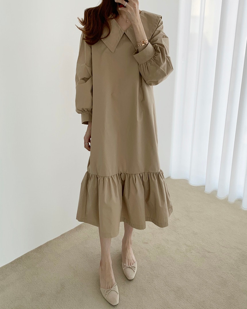 2色 ワンピース 長袖 春 秋 かわいい シャツワンピース フレアワンピース ティアード 膝下 ミモレ丈 ミディアム丈 ミドル丈 ボリューム袖 Vネック 襟付き 大きな襟 ワイドカラー でか襟 ビッグ