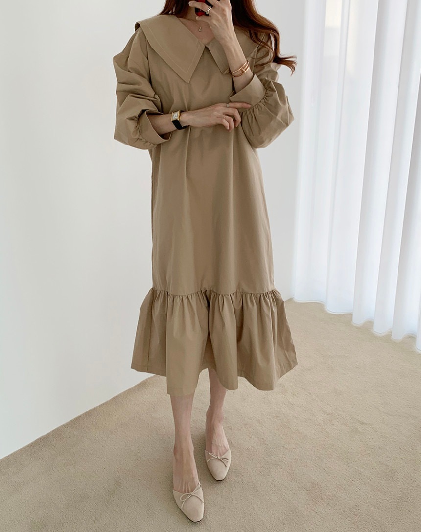 2色 ワンピース 長袖 春 秋 かわいい シャツワンピース フレアワンピース ティアード 膝下 ミモレ丈 ミディアム丈 ミドル丈 ボリューム袖 Vネック 襟付き 大きな襟 ワイドカラー でか襟 ビッグ