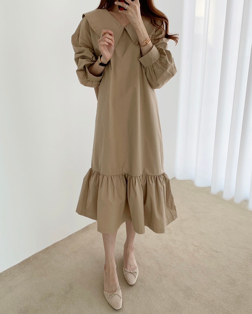 2色 ワンピース 長袖 春 秋 かわいい シャツワンピース フレアワンピース ティアード 膝下 ミモレ丈 ミディアム丈 ミドル丈 ボリューム袖 Vネック 襟付き 大きな襟 ワイドカラー でか襟 ビッグ