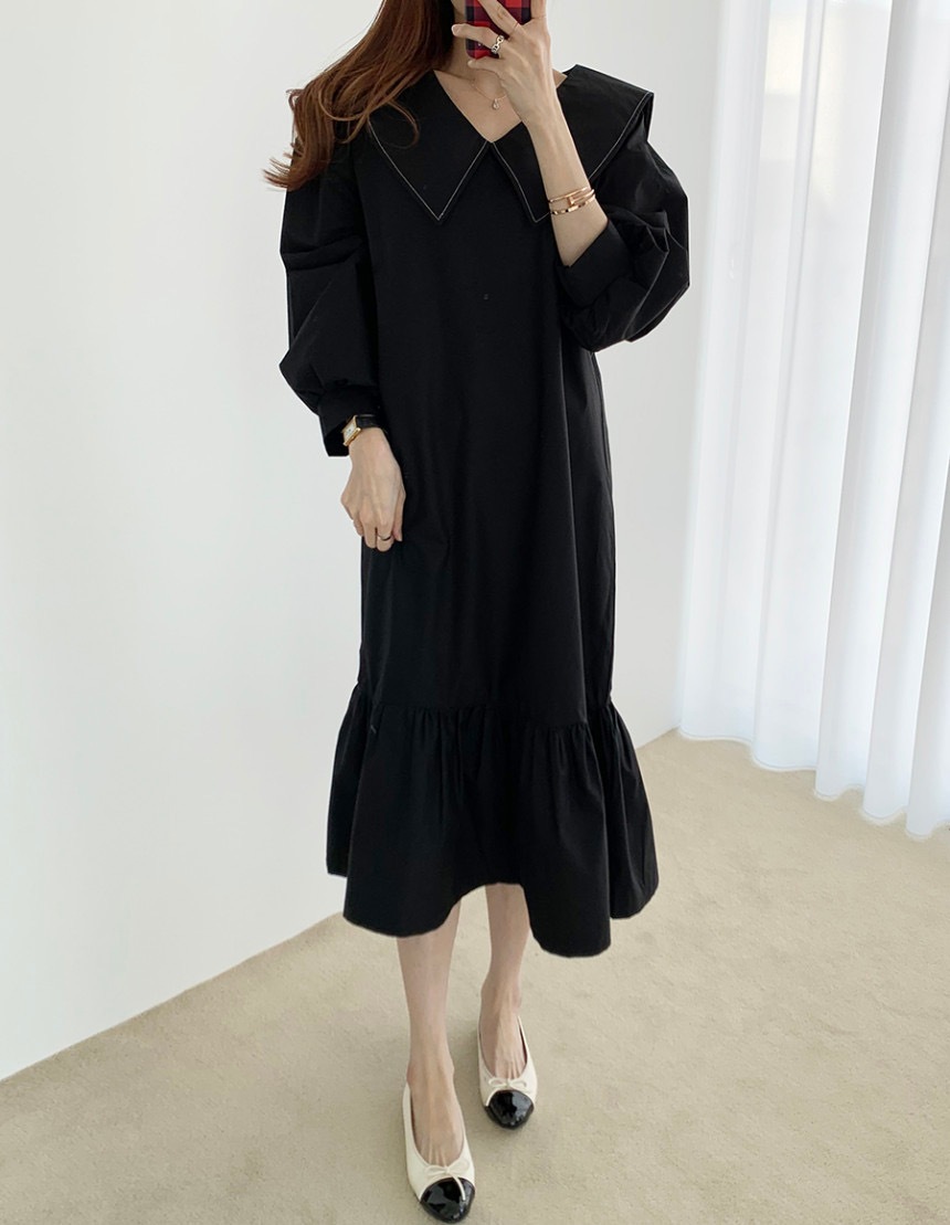 2色 ワンピース 長袖 春 秋 かわいい シャツワンピース フレアワンピース ティアード 膝下 ミモレ丈 ミディアム丈 ミドル丈 ボリューム袖 Vネック 襟付き 大きな襟 ワイドカラー でか襟 ビッグ