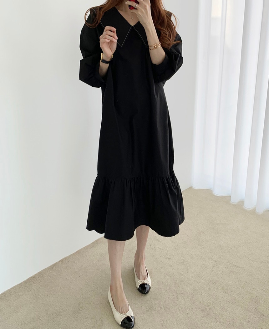 2色 ワンピース 長袖 春 秋 かわいい シャツワンピース フレアワンピース ティアード 膝下 ミモレ丈 ミディアム丈 ミドル丈 ボリューム袖 Vネック 襟付き 大きな襟 ワイドカラー でか襟 ビッグ