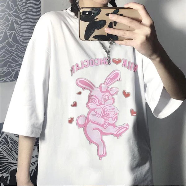 うさぎ ピンク白 Tシャツ 半袖 ハニシナ 襟フリル リボン 量産型 地雷系 うさぎ ピンク白 Tシャツ 半袖 ハニシナ 襟フリル リボン 量産型