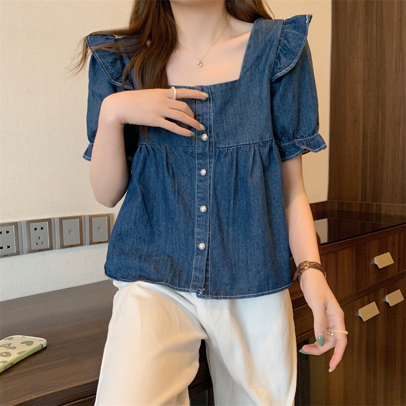 トップス カットソー 袖あり 半袖 スクエアネック フリル デニム ブルーデニム きれいめ シンプル カジュアル おしゃれ お洒落 かっこいい レトロ ラフ メンズライク マニッシュ ボーイッシュ