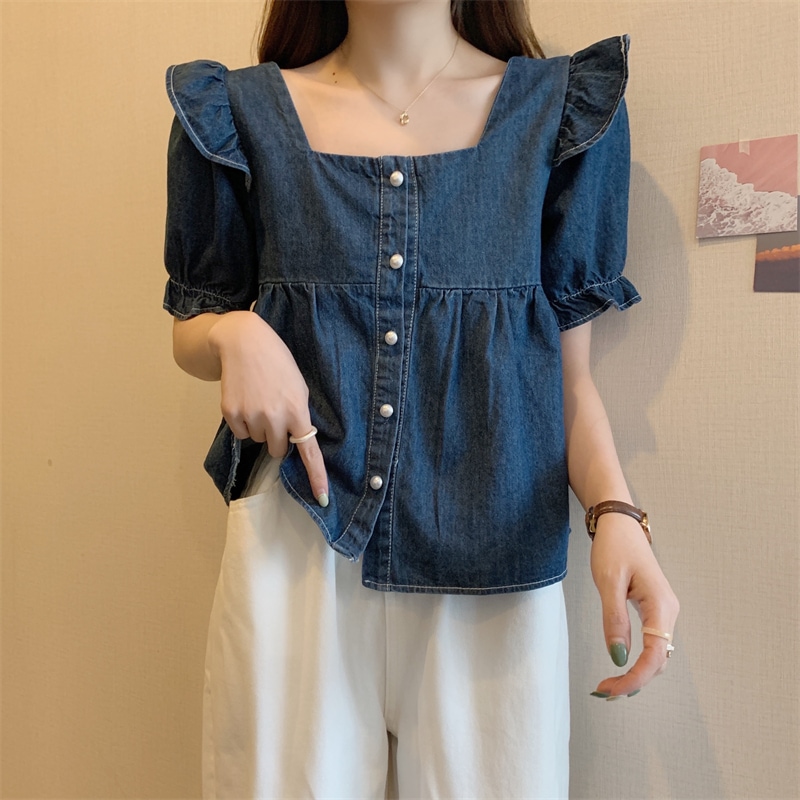 トップス カットソー 袖あり 半袖 スクエアネック フリル デニム ブルーデニム きれいめ シンプル カジュアル おしゃれ お洒落 かっこいい レトロ ラフ メンズライク マニッシュ ボーイッシュ