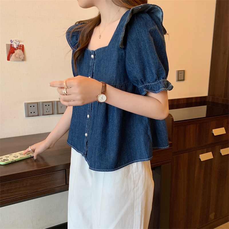 トップス カットソー 袖あり 半袖 スクエアネック フリル デニム ブルーデニム きれいめ シンプル カジュアル おしゃれ お洒落 かっこいい レトロ ラフ メンズライク マニッシュ ボーイッシュ