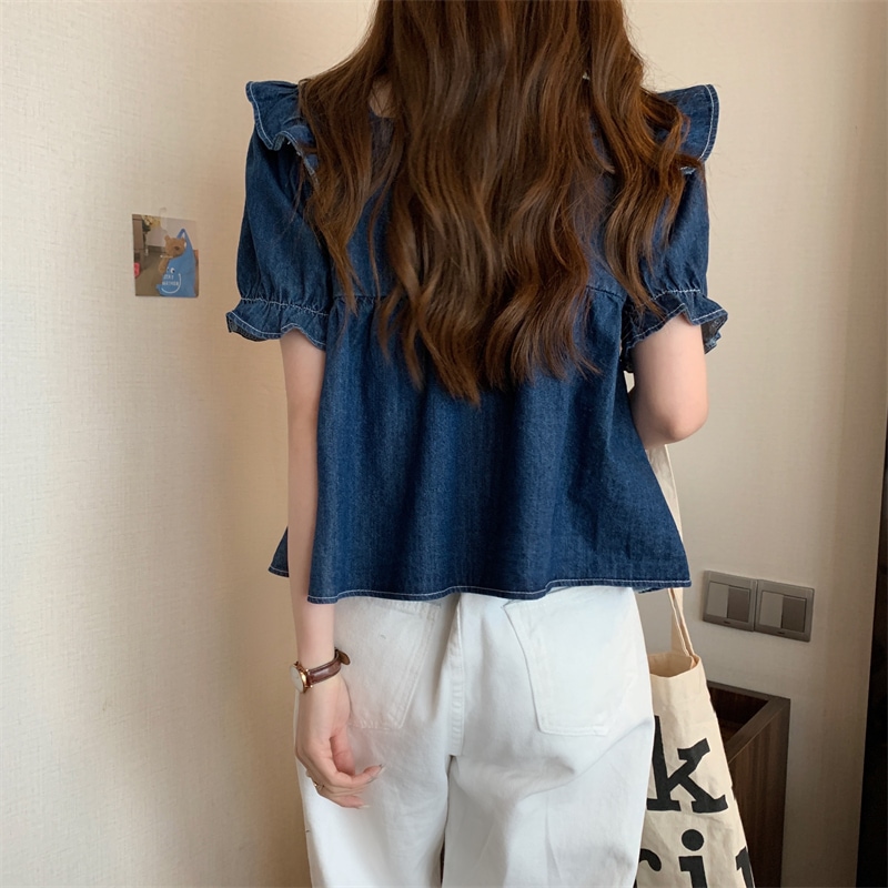 トップス カットソー 袖あり 半袖 スクエアネック フリル デニム ブルーデニム きれいめ シンプル カジュアル おしゃれ お洒落 かっこいい レトロ ラフ メンズライク マニッシュ ボーイッシュ