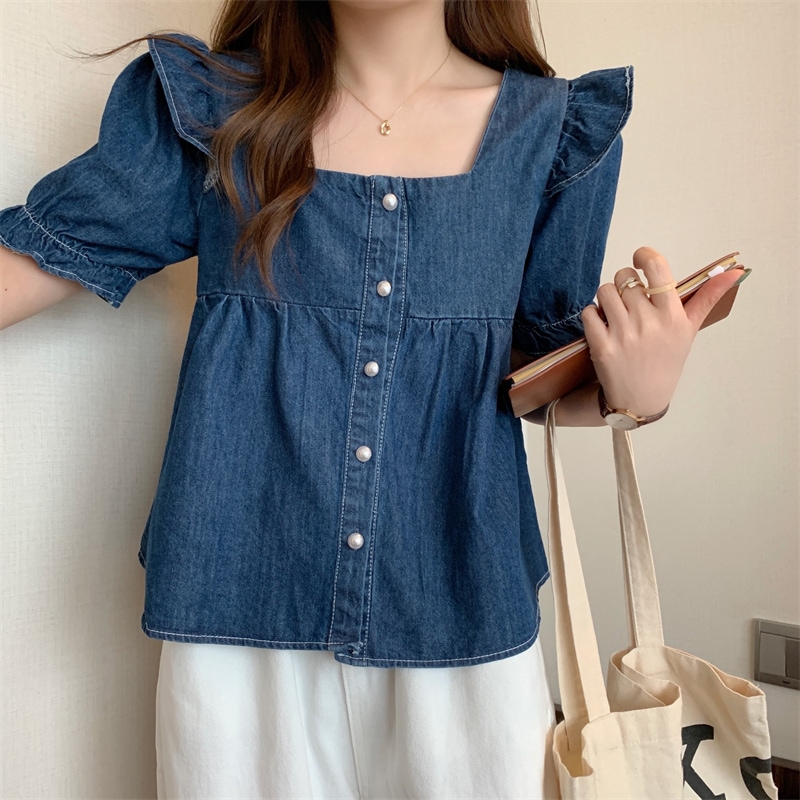 トップス カットソー 袖あり 半袖 スクエアネック フリル デニム ブルーデニム きれいめ シンプル カジュアル おしゃれ お洒落 かっこいい レトロ ラフ メンズライク マニッシュ ボーイッシュ