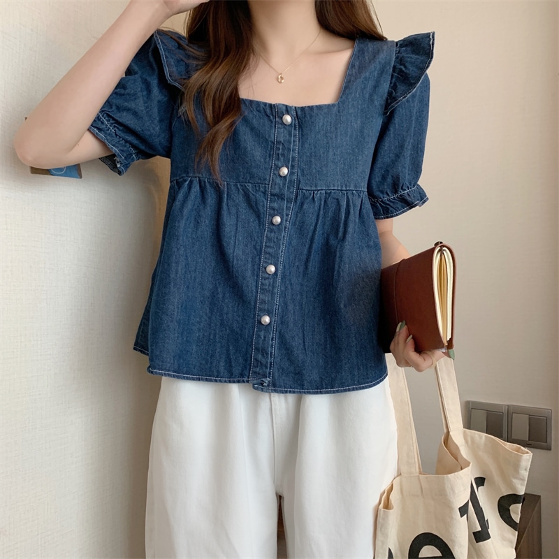 トップス カットソー 袖あり 半袖 スクエアネック フリル デニム ブルーデニム きれいめ シンプル カジュアル おしゃれ お洒落 かっこいい レトロ ラフ メンズライク マニッシュ ボーイッシュ