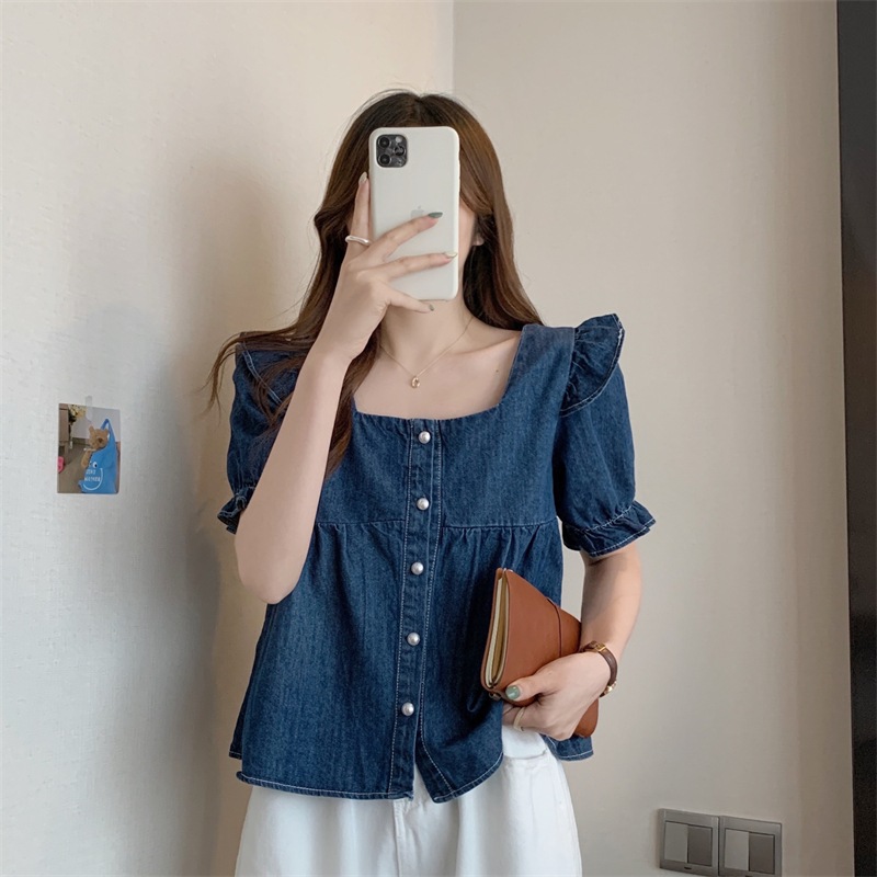 トップス カットソー 袖あり 半袖 スクエアネック フリル デニム ブルーデニム きれいめ シンプル カジュアル おしゃれ お洒落 かっこいい レトロ ラフ メンズライク マニッシュ ボーイッシュ