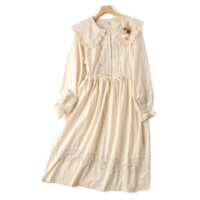 【急速出荷】甘かわいい ワンピース 長袖 コットン ロングワンピース 森ガール レース 綿 春服 夏服 春夏 ローゴージャス ロリータ 体型カバー レディース 女性 薄手 春物 夏物 夏用 春用