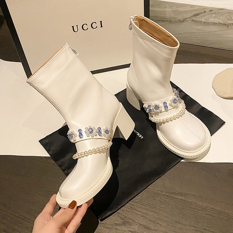 おしゃれ お洒落 人気 安い お得 レディース ショートブーツ 6cmヒール チャンキーヒール 太ヒール バックジップ 牛革 ビジュー 歩きやすい きれいめ 韓国 カジュアル 可愛い