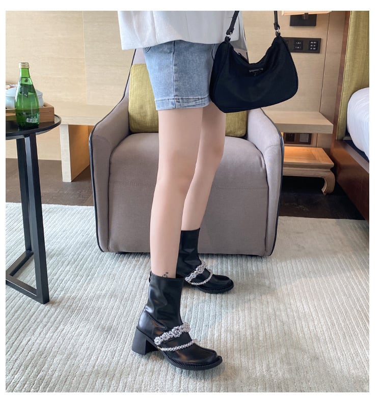 おしゃれ お洒落 人気 安い お得 レディース ショートブーツ 6cmヒール チャンキーヒール 太ヒール バックジップ 牛革 ビジュー 歩きやすい きれいめ 韓国 カジュアル 可愛い