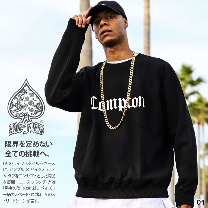 ACEFLAG ストリート系 トレーナー 長袖 スウェット 裏パイル メンズ レディース 黒 白 ブラック ホワイト 大きいサイズ エースフラッグ シンプル Compton ACEFLAG ストリート系 トレーナー 長袖 スウェット 裏パイル メンズ レディース 黒 白 ブラック ホワイト 大きいサイズ エースフラッグ シンプル Compton