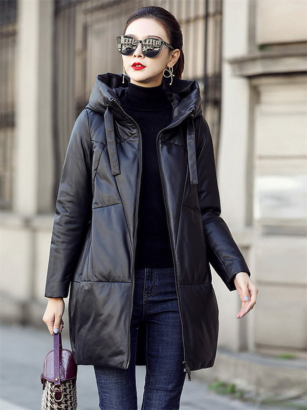 Qoo10] レザーコートミディアム丈ダウンコートラム