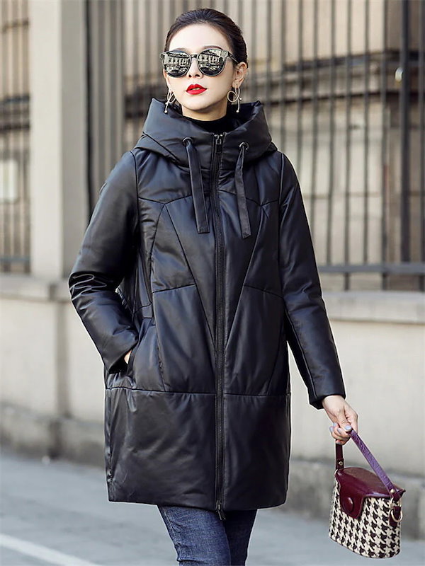 Qoo10] レザーコートミディアム丈ダウンコートラム