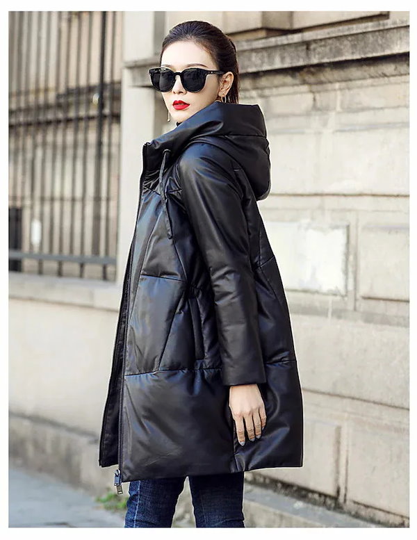 Qoo10] レザーコートミディアム丈ダウンコートラム