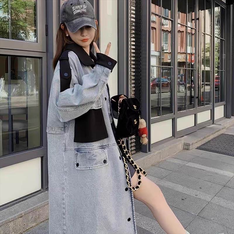 アウター コート 上着 レディース トレンチ ロング 長袖 Vネック 襟付き ストリート ウエスタン ポケット 前開き デニム ブルーデニム かわいい 大人可愛い きれいめ カジュアル おしゃれ かっ