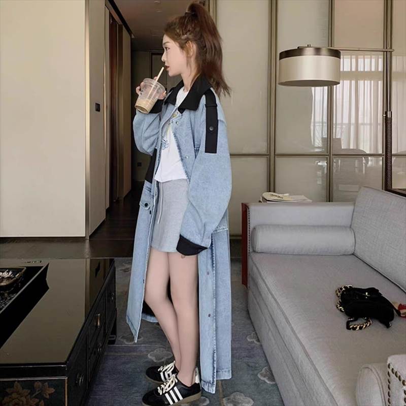 アウター コート 上着 レディース トレンチ ロング 長袖 Vネック 襟付き ストリート ウエスタン ポケット 前開き デニム ブルーデニム かわいい 大人可愛い きれいめ カジュアル おしゃれ かっ