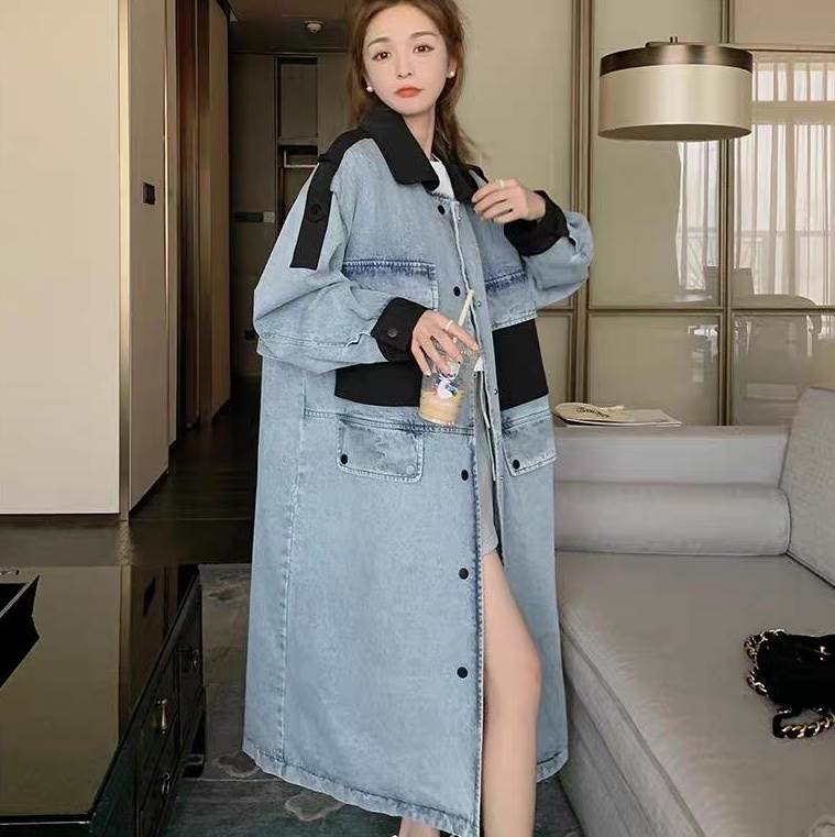 アウター コート 上着 レディース トレンチ ロング 長袖 Vネック 襟付き ストリート ウエスタン ポケット 前開き デニム ブルーデニム かわいい 大人可愛い きれいめ カジュアル おしゃれ かっ