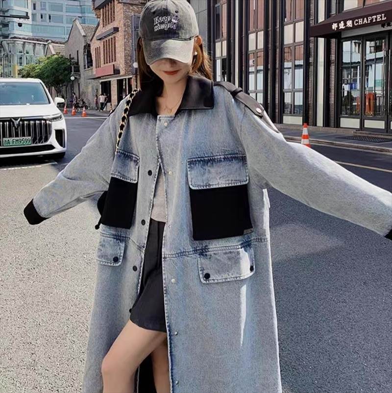 アウター コート 上着 レディース トレンチ ロング 長袖 Vネック 襟付き ストリート ウエスタン ポケット 前開き デニム ブルーデニム かわいい 大人可愛い きれいめ カジュアル おしゃれ かっ