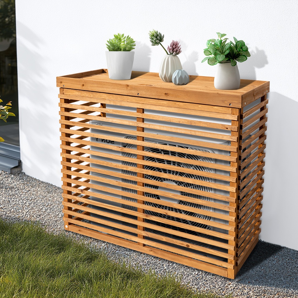 【国内発送Ｍ】1985【収納庫なし】エアコン室外機カバー 天然木 エアコン 日よけ 棚 収納 ラック 室外機カバー ワイド 目隠し ベランダ 庭 屋外 雪 除け おしゃれ【ナチュラルブラウン】