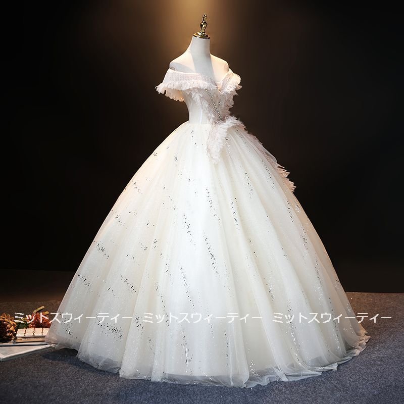ウエディングドレス カラードレス ロング ベージュ オフショルダー 結婚式 ロングドレス 演奏会 コ
