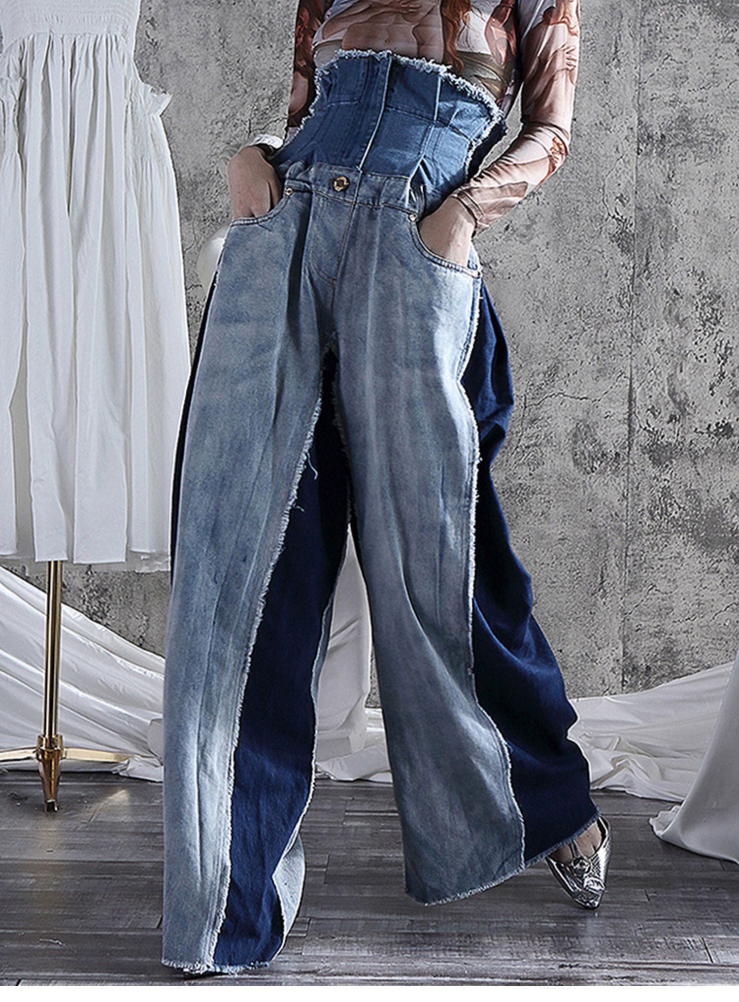 スーパーハイウエスト 異素材ミックス デニム レディース ボトムス Gパン 丈長 フルレングス ワイド フレア ウエストマーク ハイウエスト 切り替えデザイン 大人可愛い こなれ感 ラフ クール スーパーハイウエスト 異素材ミックス デニム レディース ボトムス Gパン 丈長 フルレングス ワイド フレア ウエストマーク ハイウエスト 切り替えデザイン 大人可愛い こなれ感 ラフ クール