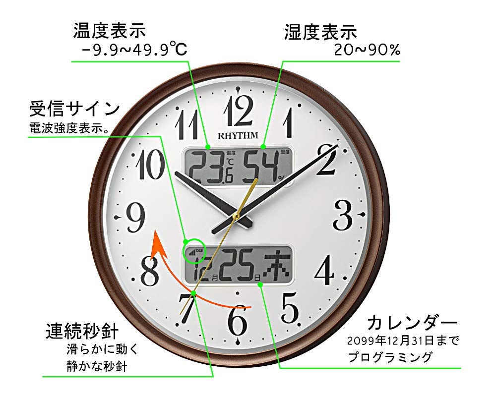 リズム(RHYTHM) 掛け時計 電波時計 アナログ 連続秒針 温度 湿度 カレンダー 自動ライト 茶 Φ34x5.3cm フィットウェーブM04 8FYA04SR06