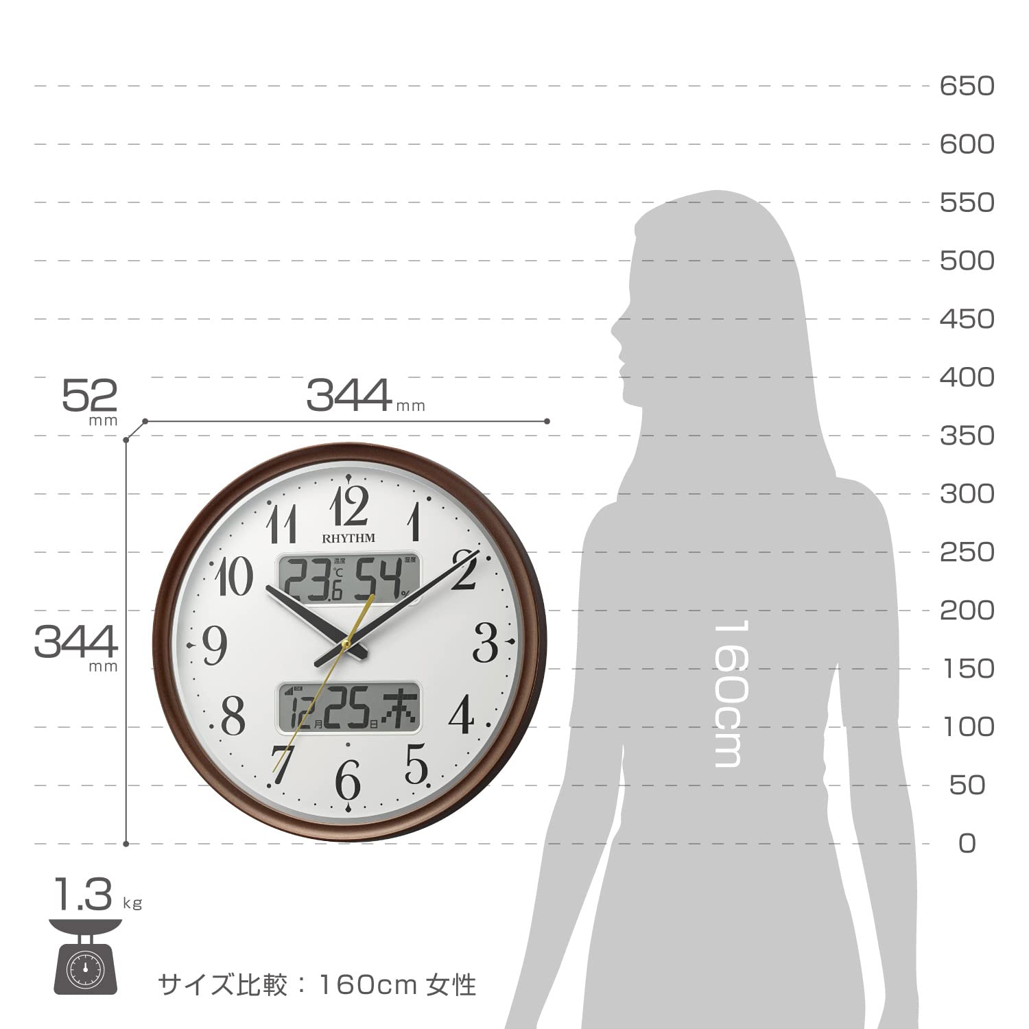 リズム(RHYTHM) 掛け時計 電波時計 アナログ 連続秒針 温度 湿度 カレンダー 自動ライト 茶 Φ34x5.3cm フィットウェーブM04 8FYA04SR06