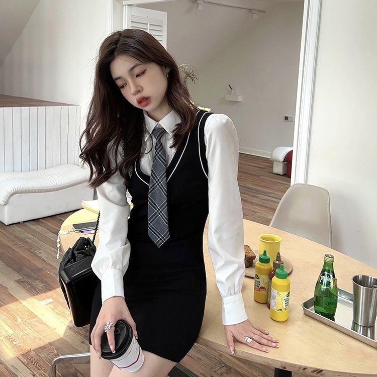 韓国 アカデミックjk 制服長袖インナーシャツ+百掛けベストワンピース+ネクタイ3点セット スーツ 涼しく楽ちんセットアップ 韓国 アカデミックjk 制服長袖インナーシャツ+百掛けベストワンピース+ネクタイ3点セット スーツ 涼しく楽ちんセットアップ