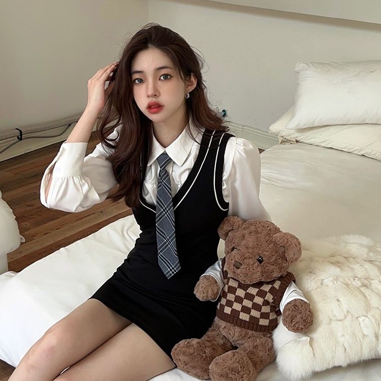 韓国 アカデミックjk 制服長袖インナーシャツ+百掛けベストワンピース+ネクタイ3点セット スーツ 涼しく楽ちんセットアップ 韓国 アカデミックjk 制服長袖インナーシャツ+百掛けベストワンピース+ネクタイ3点セット スーツ 涼しく楽ちんセットアップ