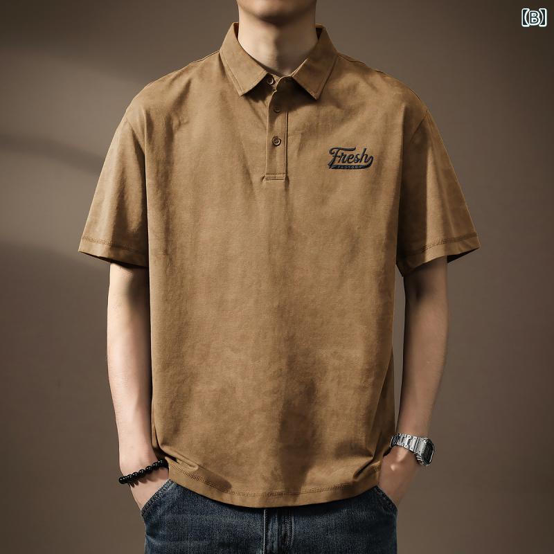 ポロシャツ ハイエンド アメリカン レトロ 雲 染め ウォッシュ フェード 男性用 夏 メンズ 半袖 Tシャツ 刺繍 都会的 綿