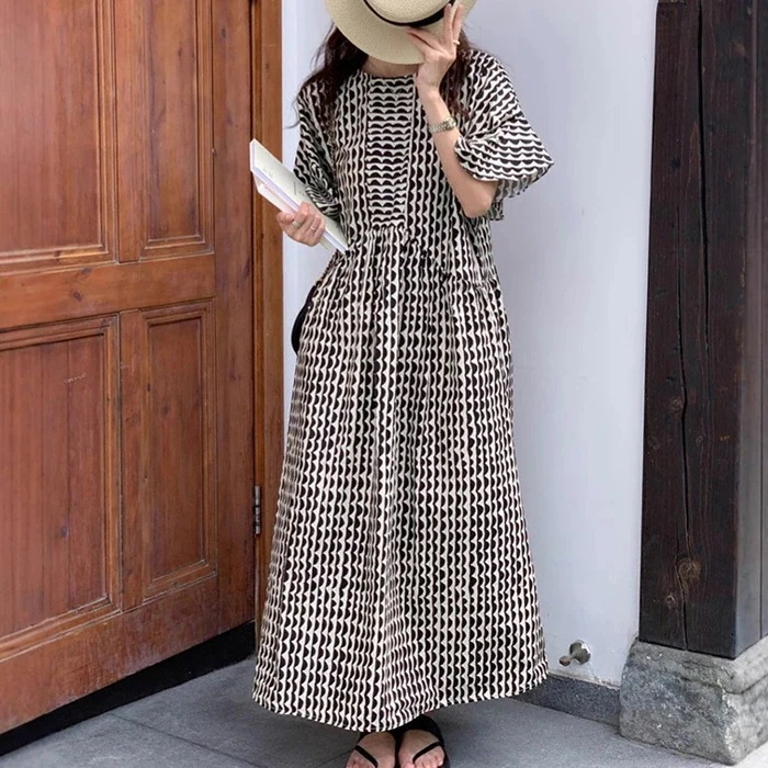 【20点セット】ワンピース レディース フレア袖 夏 半袖 幾何柄 ロングワンピース 五分袖 クルーネック Aライン リゾート 総柄 涼しい ワンピ ロングワンピ 大きいサイズ 夏服 ミモレ丈 エスニ