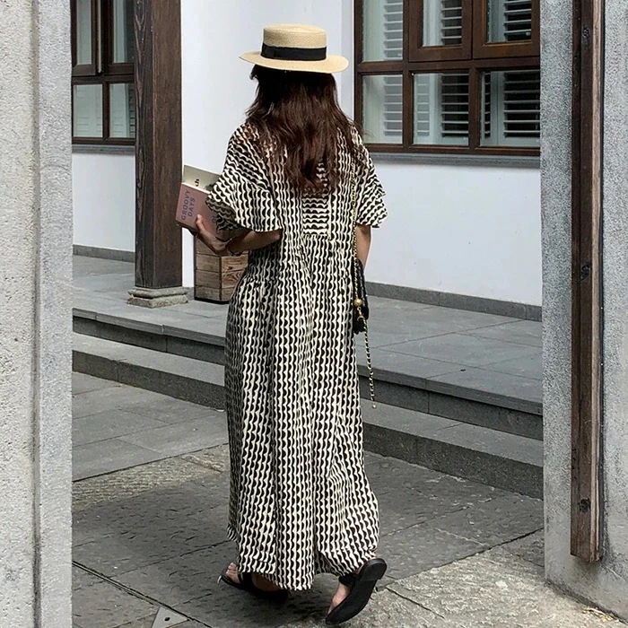 【20点セット】ワンピース レディース フレア袖 夏 半袖 幾何柄 ロングワンピース 五分袖 クルーネック Aライン リゾート 総柄 涼しい ワンピ ロングワンピ 大きいサイズ 夏服 ミモレ丈 エスニ