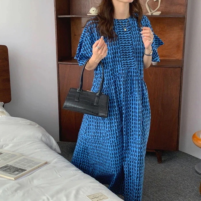 【20点セット】ワンピース レディース フレア袖 夏 半袖 幾何柄 ロングワンピース 五分袖 クルーネック Aライン リゾート 総柄 涼しい ワンピ ロングワンピ 大きいサイズ 夏服 ミモレ丈 エスニ