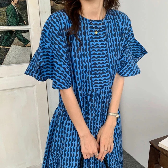 【20点セット】ワンピース レディース フレア袖 夏 半袖 幾何柄 ロングワンピース 五分袖 クルーネック Aライン リゾート 総柄 涼しい ワンピ ロングワンピ 大きいサイズ 夏服 ミモレ丈 エスニ