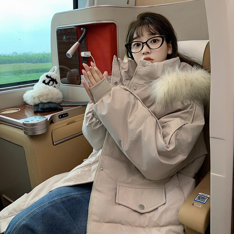 女性用ミドル丈ダウンジャケット2024冬韓国風ゆったり厚みのある中綿ジャケット