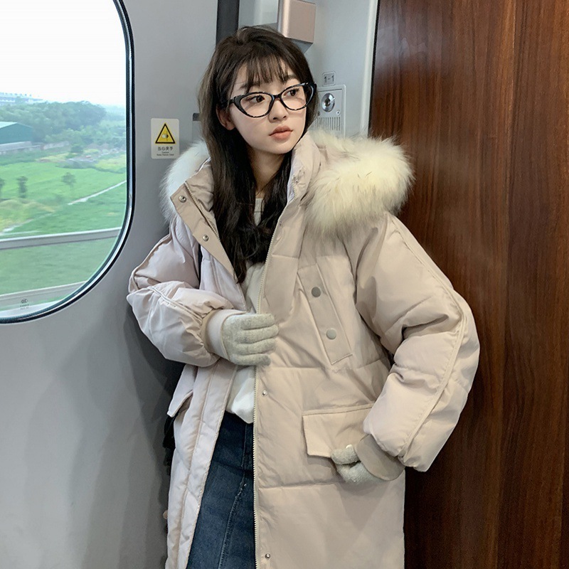 女性用ミドル丈ダウンジャケット2024冬韓国風ゆったり厚みのある中綿ジャケット