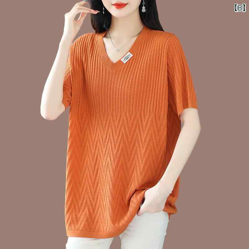 Vネック セーター レディース マミー マルベリー シルク サマー ミディアム 丈 半袖 Tシャツ 大きめ サイズ レディース スリム Vネック 冷感 トップス Vネック セーター レディース マミー マルベリー シルク サマー ミディアム 丈 半袖 Tシャツ 大きめ サイズ レディース スリム Vネック 冷感 トップス