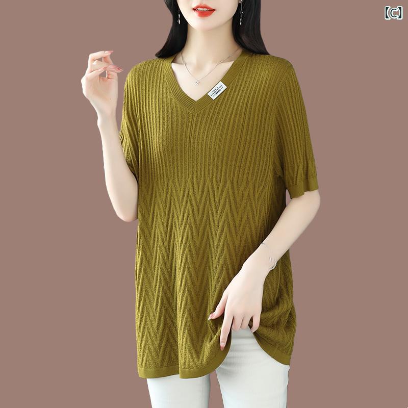 Vネック セーター レディース マミー マルベリー シルク サマー ミディアム 丈 半袖 Tシャツ 大きめ サイズ レディース スリム Vネック 冷感 トップス Vネック セーター レディース マミー マルベリー シルク サマー ミディアム 丈 半袖 Tシャツ 大きめ サイズ レディース スリム Vネック 冷感 トップス