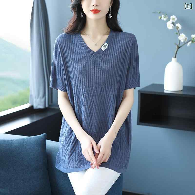 Vネック セーター レディース マミー マルベリー シルク サマー ミディアム 丈 半袖 Tシャツ 大きめ サイズ レディース スリム Vネック 冷感 トップス Vネック セーター レディース マミー マルベリー シルク サマー ミディアム 丈 半袖 Tシャツ 大きめ サイズ レディース スリム Vネック 冷感 トップス