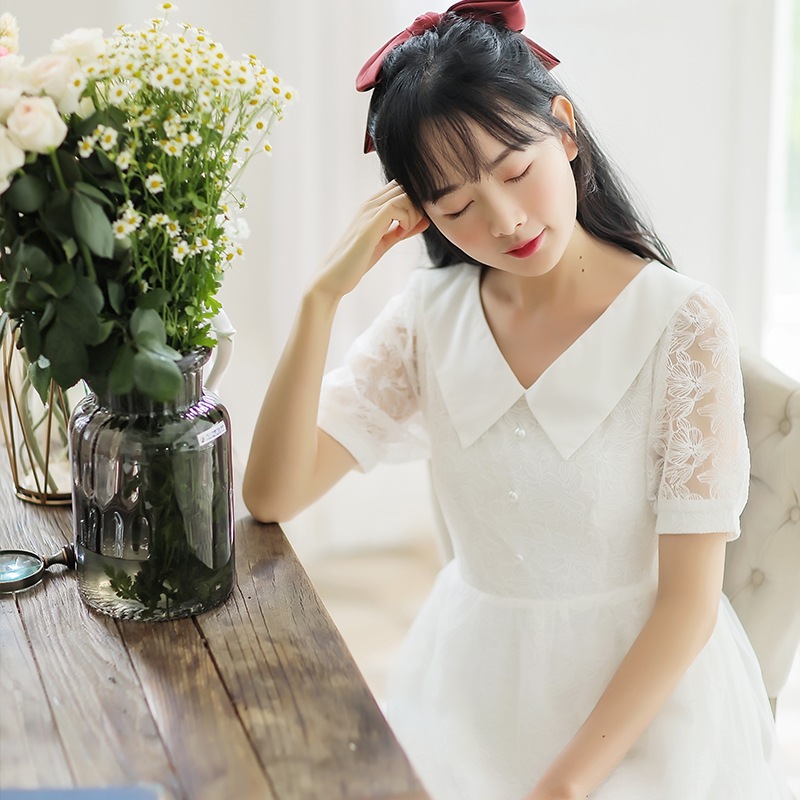 ワンピース Aライン フレア 膝丈 膝上 Vネック 襟付き 前ボタン レース 透け感 フェミニン 大人可愛い かわいい シンプル ガーリー 春 夏 おしゃれ 学生 デート XS XL ホワイト