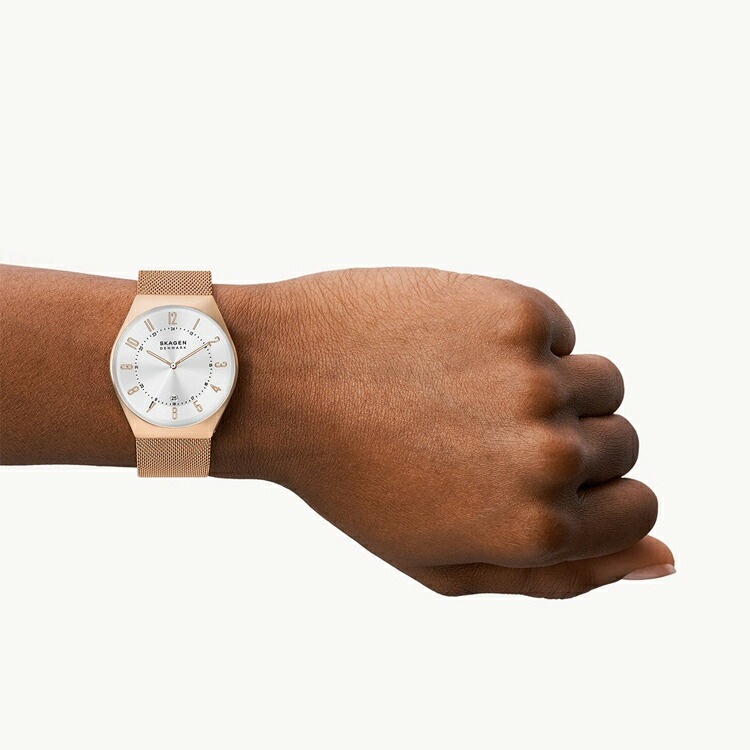 スカーゲン Grenen 三針日付 ローズゴールドトーン ステンレススチール メッシュウォッチ #SKW6818