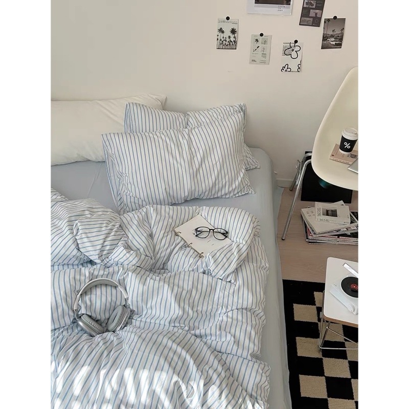 シンプル ピンストライプ 布団カバーセット 全2色 2サイズ ベッドカバー 猫 ベッドシーツ セット ベッドリネン おしゃれ 韓国インテリア 韓国雑貨 韓国っぽ インテリア雑貨 70PARK