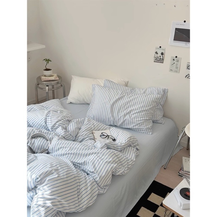 シンプル ピンストライプ 布団カバーセット 全2色 2サイズ ベッドカバー 猫 ベッドシーツ セット ベッドリネン おしゃれ 韓国インテリア 韓国雑貨 韓国っぽ インテリア雑貨 70PARK