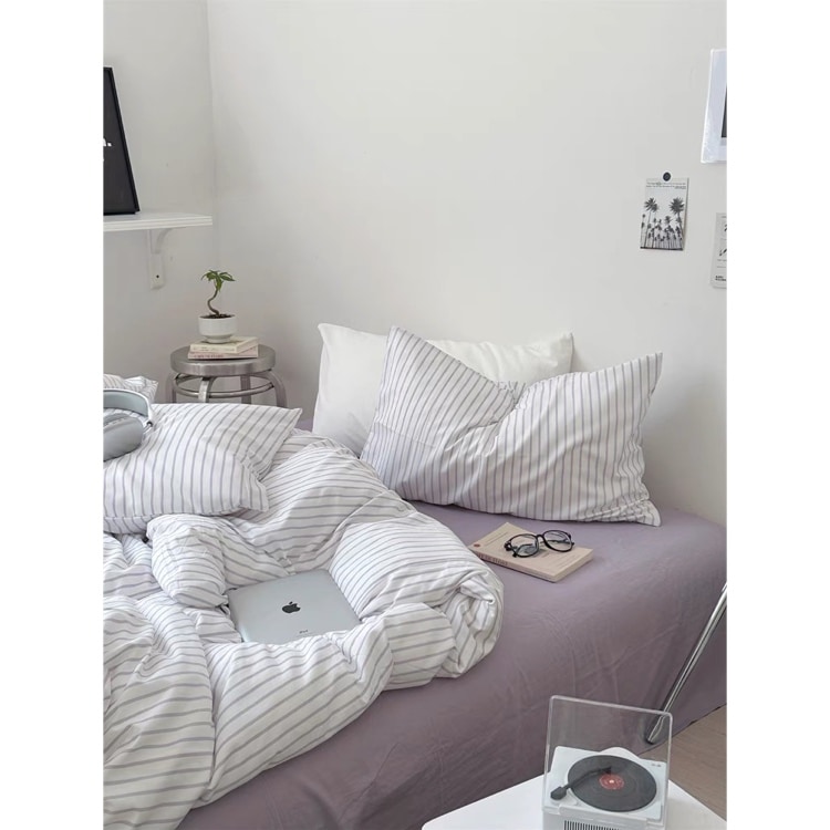シンプル ピンストライプ 布団カバーセット 全2色 2サイズ ベッドカバー 猫 ベッドシーツ セット ベッドリネン おしゃれ 韓国インテリア 韓国雑貨 韓国っぽ インテリア雑貨 70PARK