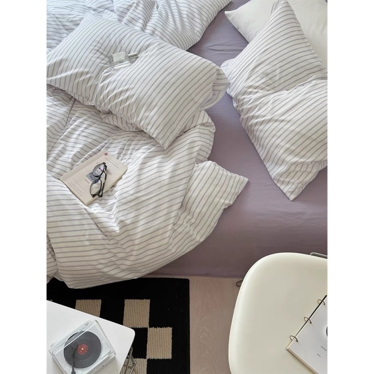 シンプル ピンストライプ 布団カバーセット 全2色 2サイズ ベッドカバー 猫 ベッドシーツ セット ベッドリネン おしゃれ 韓国インテリア 韓国雑貨 韓国っぽ インテリア雑貨 70PARK